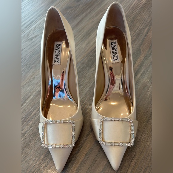 Badgley Mischka Devi Pointed Pump Cream Heels With Crystal Embellishment Size 10 - Picture 2 of 9